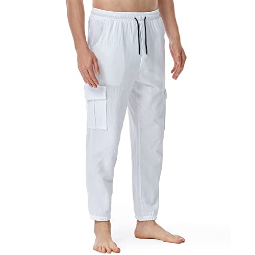 Classic Trousers Men Solid Color Casual Drawstring Elastic Adjustable Waist Cuffs Multi-Pocket Trousers Sweatpants3