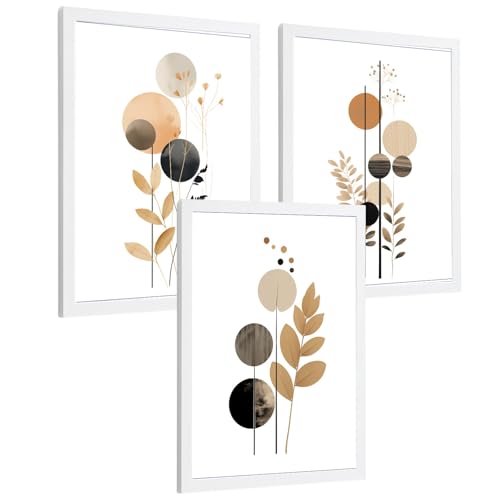 Nacnic Set De 3 Laminas Decorativas Flores Geometricas Cuadros Salon Modernos   Posters Decorativos Tono Marron Y Negro. Decoración Dormitorios. A4 Marco Blanco