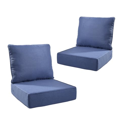 Image of 6 inch Thicker Outdoor Chair Cushion 2 Sets - 24 inch *22 inch *6 inch Waterproof Patio Furniture Cushions with Removable Cover, 28D High Density Sponge Filling Thicken Outdoor Patio Cushions - Blue