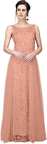Patlani Women's Net Fit And Flare Knee Length Dress (All Over-New_Orange_Medium