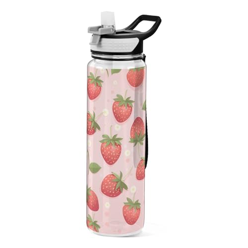 ALAZA Vintage Red Berry Strawberry Sport Water Bottle with Straw Lid 32 oz Clear Bottle BPA Free Tritan Plastic Leakproof Jugs Large Flip Top for Kids Boys Girls