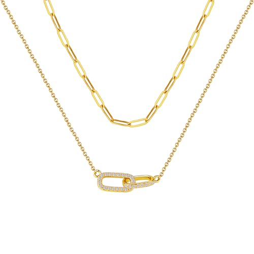 2 Pcs Gold Paperclip Necklace for Women, Layered Paper Clip Necklace Dainty Gold Choker Jewelry with Open Oval Zircon as Paperclip Chain Jewelry Summer Trendy Layering Necklace Set