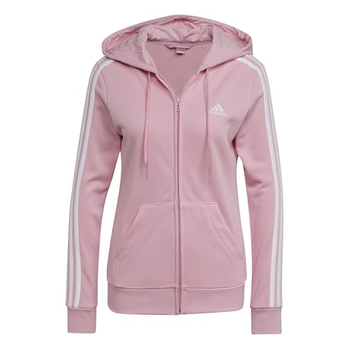 adidas womens Essentials French Terry 3-Stripes Full Zip Hoodie True Pink/White Small