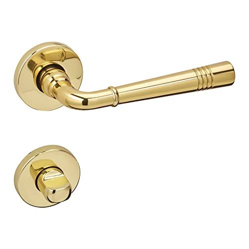 1 Juego de manillas FREJA de latón pulido para puertas de baño (WC) en roseta redonda juego de baño con material de fijación de Sotech