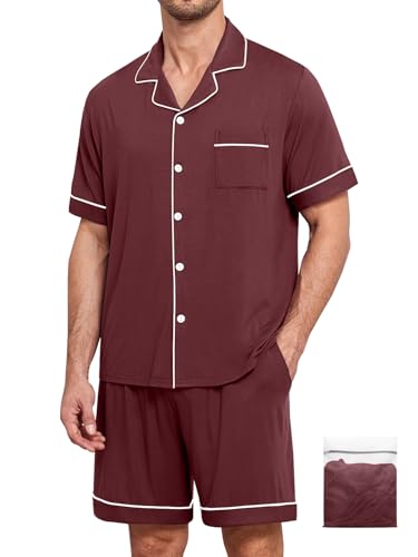 Image of Mens Pajamas Set Short Sleeve Sleepwear Button Down Loungewear Set Soft Modal 2Pcs Pj Set with Pockets S-3XL