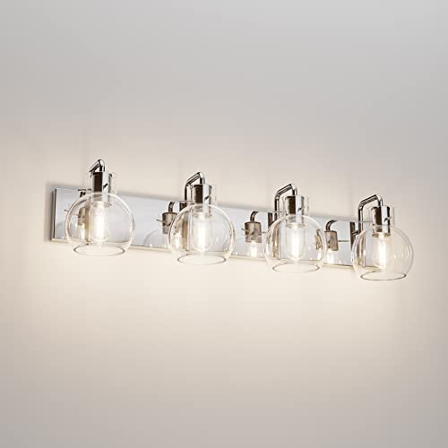 Image of Tipace Chrome Modern Bathroom Vanity Light Fixtures Over Mirror Glass Globe 4 Lights Stainless Steel Vanity Lights Farmhouse Bath Lighting(Exclude Bulb)