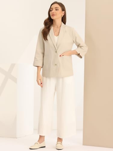 Allegra K Linen Blazer for Women's Cotton Notched Lapel Collar 3/4 Sleeve Office Work Suit Jacket4