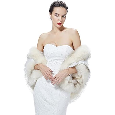 BEAUTELICATE Women's Faux Fur Shawl Wrap Stole Thicken Shrug Cover Up Cape for Winter Wedding Evening Brides Bridesmaids(One Size, Off White with Beige Fur) Cover