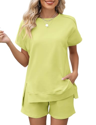 Image of LOMON Womens Fashion 2 Piece Outfits Sweatsuits 2026 Summer Short Sleeve Loungewear Tracksuit Round Neck Lounge Shorts Sets