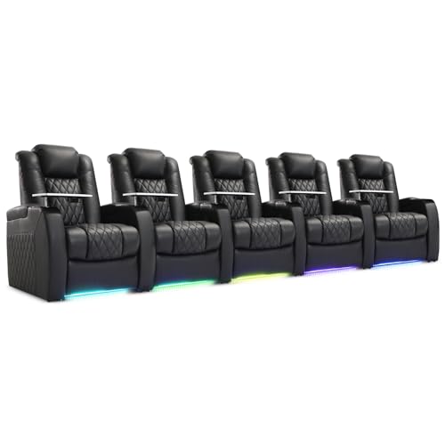 Image of Weilianda Home Theater Seating, Top Grain Leather Movie Theater Chair | Black Row of 5, Zero Gravity, Power Headrest, Tray Table, Electric Reclining Seat for Media Room