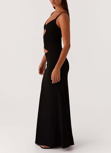 Image of Yiulangde Womens Elegant Spaghetti Strap Maxi Dress Backless Cut Out Bodycon Summer Cami Dress Sexy Formal Cocktail Dresses A-Black