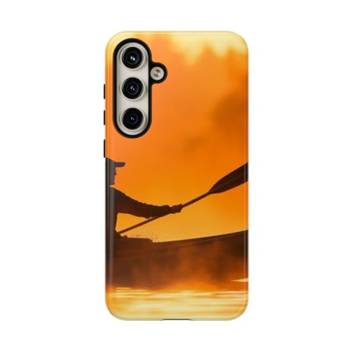 Coque Galaxy S24 Plus Silhouette de Canoë au Coucher du Soleil Rigide Brillante Orange