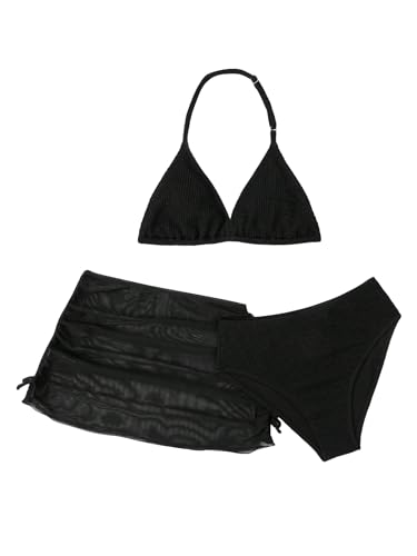Image of SHENHE Girl's 3 Pieces Bathing Suits Halter Bikini Boho Swimsuits with Cover Up Skirt Black Solid 15Y