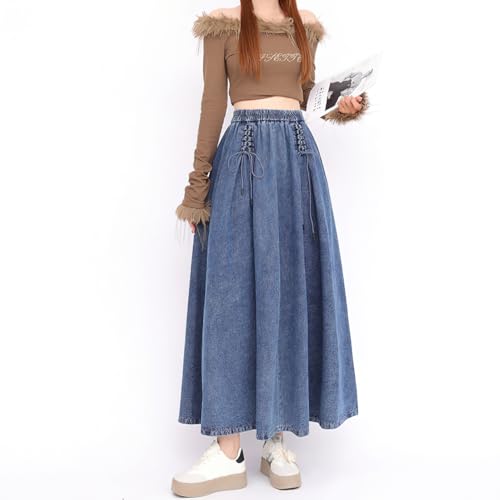 chouyatou Women's Bowknot Elastic High Waist Jean Skirt Frayed A Line Flared Long Maxi Denim Skirt3