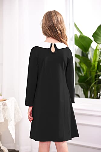 Arshiner Girls Solid Color Peter Pan Collar Vintage Dress A Line Swing Black Dress For School7-8 Years #TOP2