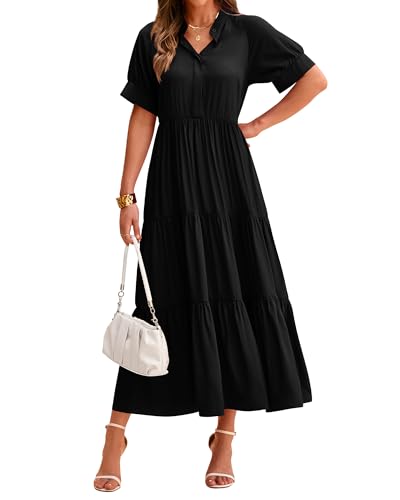 dowerme Women's Summer V Neck Short Sleeve Shirt Dresses 2025 Button Up Loose Fit Pleated Boho Flowy Midi Dress(Black,Medium)