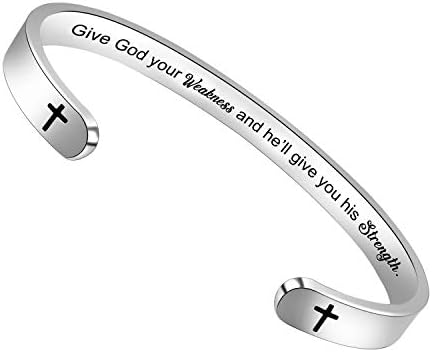 Btysun Easter Gifts for Women Religious Bracelets, Girls Christian Bible Verse Gifts Cuff Bracelet Jewelry with Gift Box (Give god Your Weakness and He'll give You his Strength)