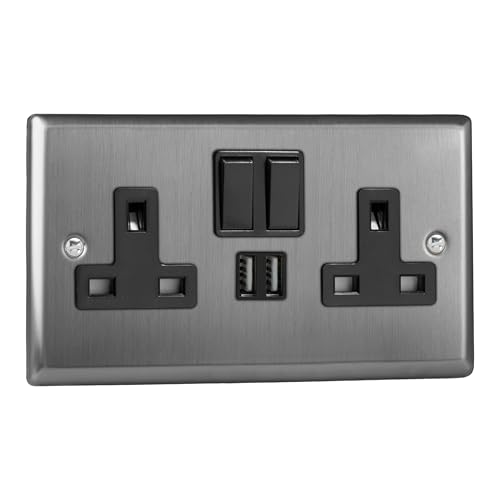 Image of Varilight Double Switched Plug Socket With USB Charging - Classic Brushed Steel With Black Insert, XT5U2SB