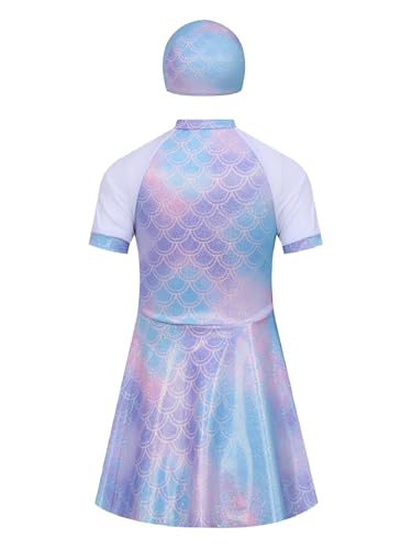 Kids Girls 3Pcs Fish Scales Print Swimsuit Short Sleeve Swim Dress with Bottoms and Cap Beach Bathing Suit2