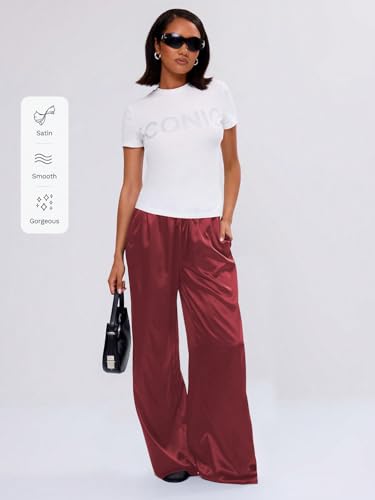 Image of MakeMeChic Women's Summer Satin Silk Pants Casual Flowy Pants Beach Vacation Wide Leg Pants