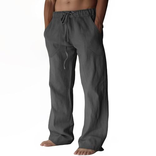 Puimentiua Leinenhose Herren Lang Leichte Sommerhose Sommer Leinen Hosen Loose Fit Baumwollehosen mit Tunnelzug und Taschen (Dunkelgrau XL)