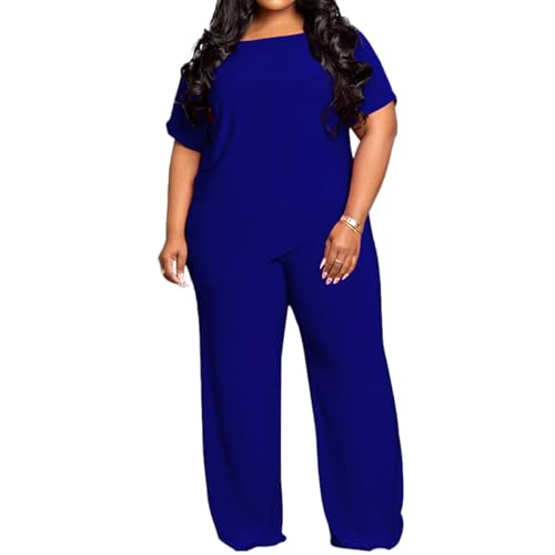 TOPSRANI Womens Plus Size Two Piece Outfits Sweatsuits Casual Tracksuit Short Sleeve Loose Baggy Wide Leg Long Pants Sets