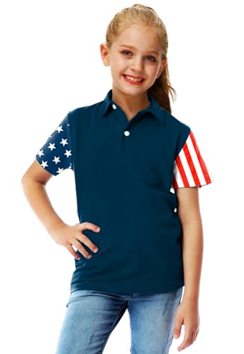 Image of AOBUTE Kids 4th of July Polo American Flag Short Sleeve Button Down Shirts Tops 3-14 Years