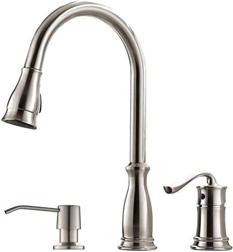 Best Cyber Deals 🔥 APPASO 3 Hole Pull Down Kitchen Faucet with Pull Down Sprayer Stainless Steel Brushed Nickel, 2 Hole Pull Out Kitchen Sink Faucet with Side Single Handle with Soap Dispenser, APS218BN