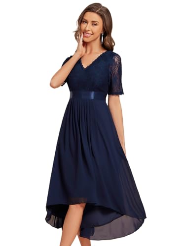 Ever-Pretty Women's V Neck Lace Chiffon Half Sleeves A Line Hi-Lo Wedding Guest Dresses Navy Blue US10