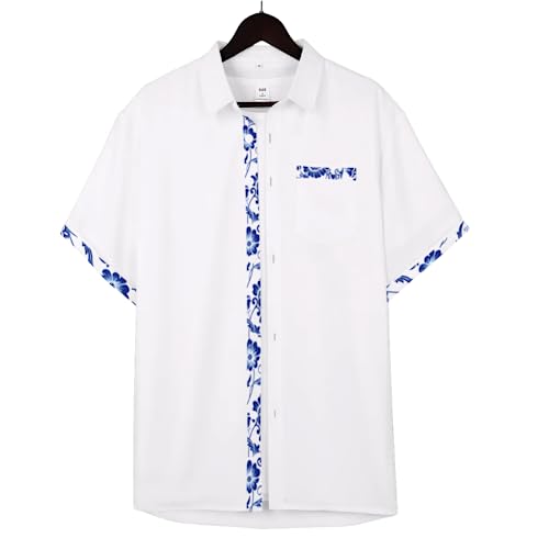 QIVICIMA Men's Hawaiian Shirt Linen Short Sleeve White Pink Sky Blue Button Down Shirt Casual Print Shirts2