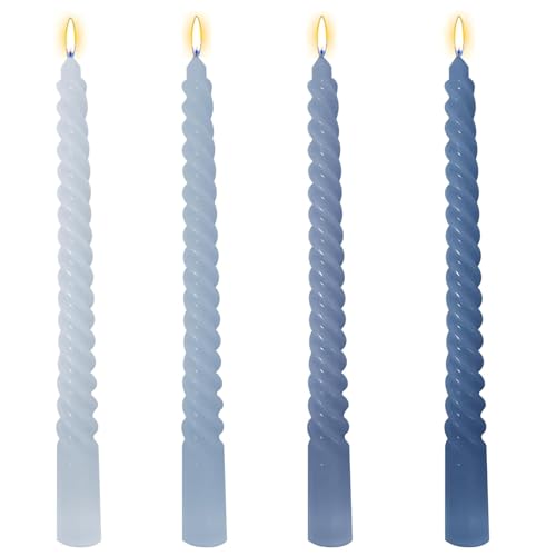 10 Inch Spiral Taper Candles, 4 Pack Unscented Dripless Candlesticks – Elegant Twisted Wax Candles for Wedding, Dinner Party, Home Decor, Valentine’s Day & Holiday Celebrations (Blue)
