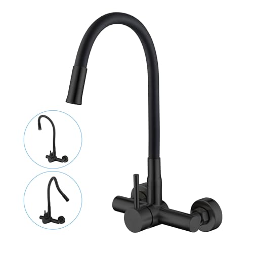 Robinet de cuisine mural avec raccord 3/4 machine et bec flexible noir à double jet - 2