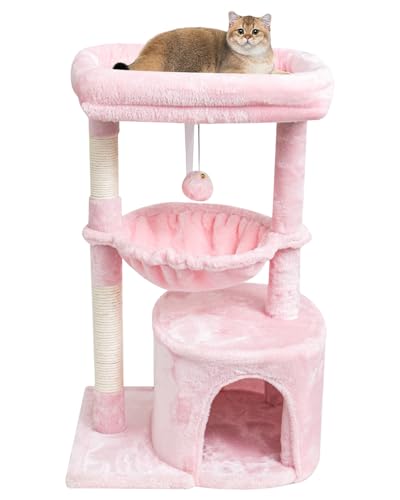 SYANDLVY Small Cat Tree for Indoor Cats, Cat Tower with Scratching Post, Modern Cat House with Padded Perch, Kittens Condo with Cradle, Cat Cave, Pink