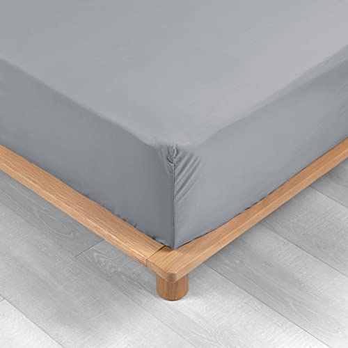 Douceur d'Intérieur Percalina Sábana Bajera para 2 Personas, Algodón Percal, Gris, 180 x 200 cm