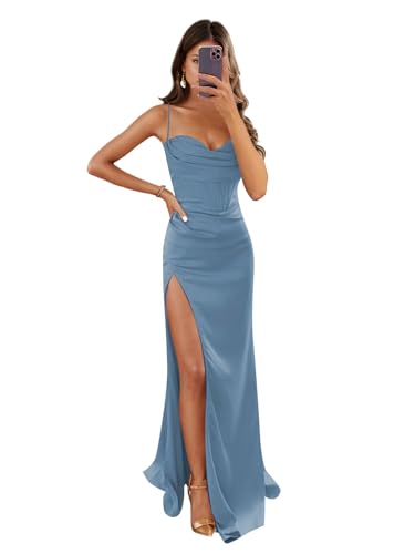 Image of Women's Mermaid Prom Dress with Slit Satin Bridesmaid Dresses Long Corset Evening Formal Party Gown