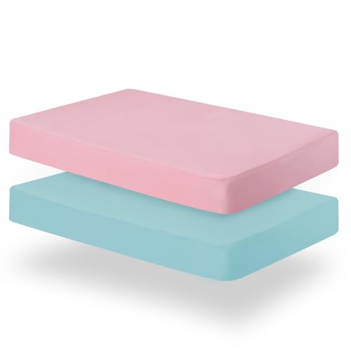 Biloban Pack and Play Sheets Fitted, 2 Pack Pack and Play Sheet Fits for Graco Pack n Play Mattress, Neutral Playard Sheets for Baby Boys and Girl, Pink & Aqua, 38”X 26”