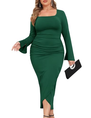 Image of ZOMVA 2024 Plus Size Cocktail Dress Comfortable Bell Sleeves Wedding Guest Square Neck Semi Formal