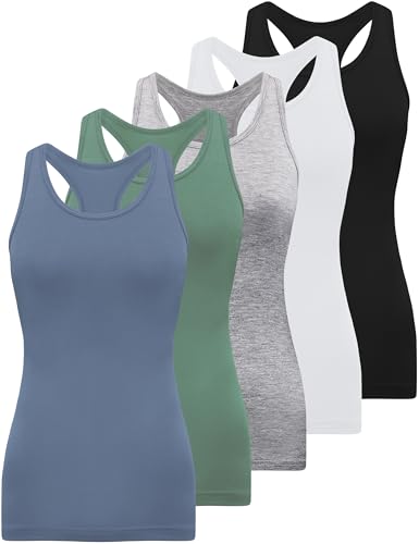 BQTQ Racerback-Tanktops für Damen, ärmellos, Workout-Tanktop, Damen-Unterhemden, schmale Passform, 5 Stück, Schwarz, Weiß, Grau, Kadettenblau, Kornblumenblau, Klein