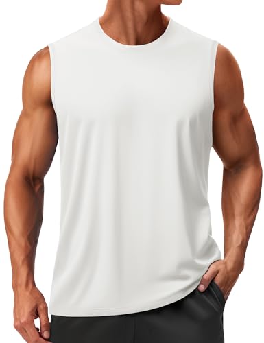 TACVASEN Mens Tank Top Sleeveless Shirts for Men Dry Fit Workout Gym Shirts Muscle Tank Athletic Swimming Sleeveless Tee Workout Top White L