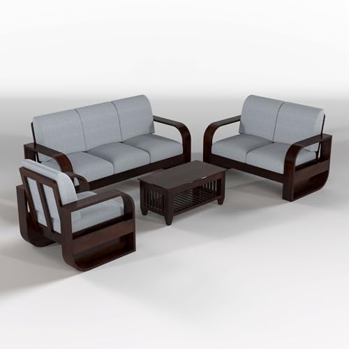 Image of NEW MAMTA FURNITURE Solid Sheesham Wooden 6 Seater Sofa Set with Coffee Table with Grey Cushion for Living Room Furniture - Walnut Finish (3+2+1)