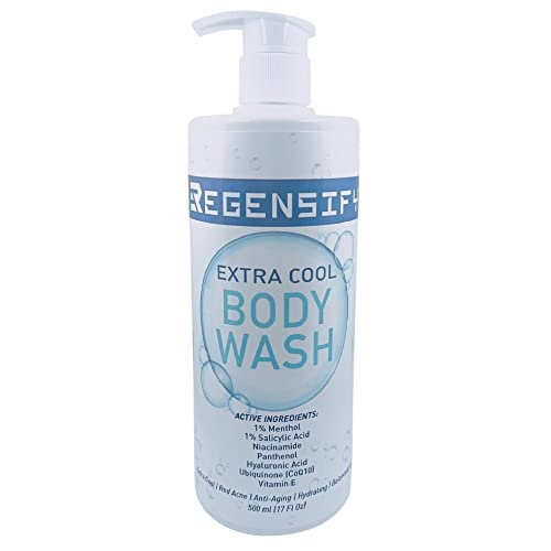REGENSIFY Red Acne Extra Cool Body Wash 500 ml (17 Fl Oz) [1% Menthol, 1% Salicylic Acid, Niacinamide, Panthenol, Hyaluronic Acid, Coenzyme Q10, Vitamin E] - Anti Aging, Hydrating, Icy Shower Gel