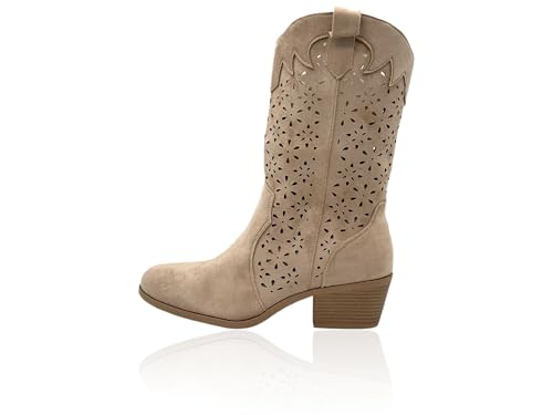Nowaland Damen Cowboy Stiefel mit Cut-outs und Blockabsatz für Frühjahr/Sommer seitlicher Reißverschluss und bequemes Innenfutter ideal zu Kleid Rock Shorts oder Skinny-Jeans