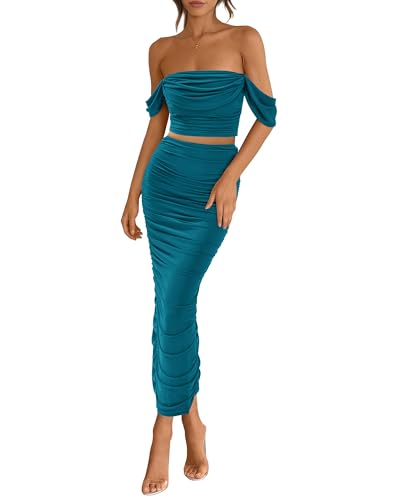 PRETTYGARDEN Women Sexy Two Piece Outfits Summer Off Shoulder Ruched Bodycon Mesh Cocktail Club Skirt Sets 2025(Lake Blue,Medium)
