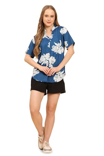Image of Womens Casual Shirt Soft Beach Shirts Floral Tropic Print V Neck T-Shirt Short Sleeve Button Up Tops