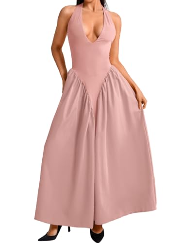 Image of ChiaoLezhee Deep V Neck Dress, Halter Maxi Dresses, Vacation Date Night, Sexy for Women Corset Flowy Wedding Guest Drop Waist