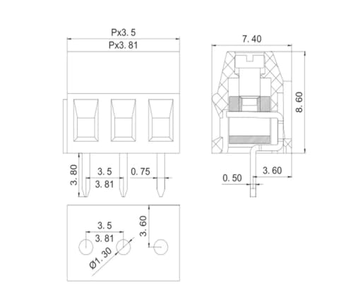 Conector empalmado PCB de 300V y 10A, terminal de tornillo de 2 y 3 pines, 50 uds 2