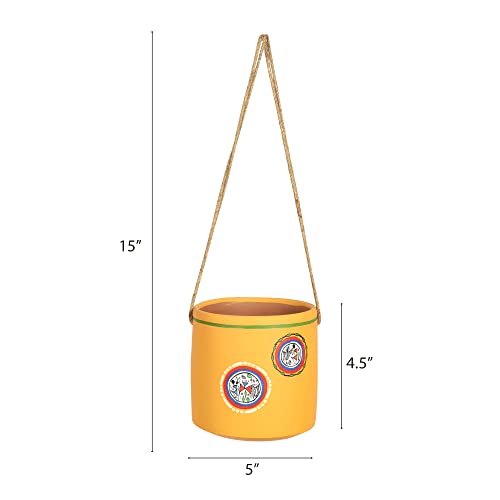 Image of AAKRITI ART CREATIONS Terracotta Hanging Planter | Yellow Warli Art Design, Matte Finish | Decorative Hanging Pot for Indoor & Outdoor Home Decor