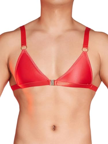 [Agoky] メンズ ツルツル セクシー ランジェリー 過激 ブラジャー 光沢 フロントオープン 柔らか 男の娘 誘惑下着 勝負下着 男性 ナイトブラ 女装 アンダーウェア レッド Free Size - Agoky - 商品画像