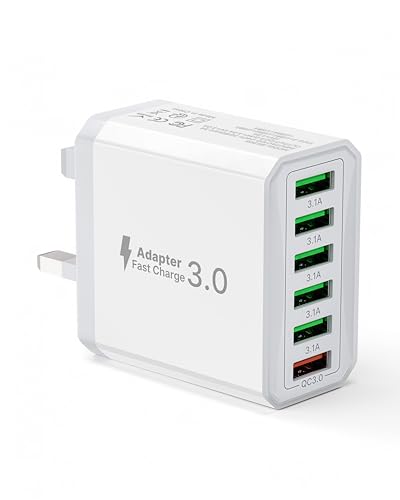 Tupneuf 33W USB Plug Fast Charge 6-Port Multi Charger UK Charging Power Adapter Multiple Quick Charge 3.0 Wall Mains Plug for iPhone 16 15 14 13 12 11 Pro Max X XR XS 8 7 6 6S Plus 5 5S SE iPad