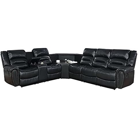 NHI Express Home Theater Seating Classic PU Leather Recliner Sofa Set with Wedge Wood Table Cup Holder Storage Footrest, Black Cover